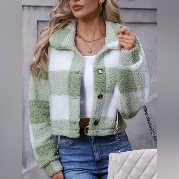New Teddy Plaid Mint Green White Coat Button Front Long Sleeve Outerwear NWT - Picture 8 of 13